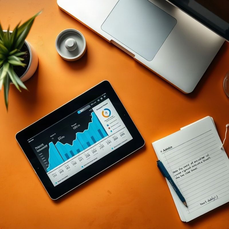 Escritorio con tablet mostrando analíticas SEO en tonos azules
